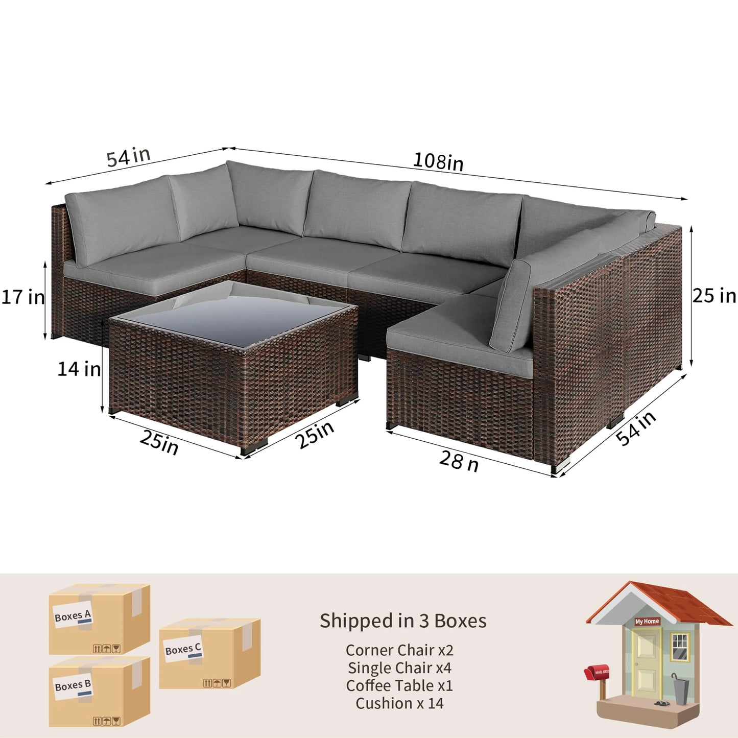 Patio Furniture Set on Sale, 7-Piece Wicker Sectional Outdoor Sofa Set with Glass Table & Water-Resistant Cushions, All-Weather PE Rattan for Backyard, Poolside, Garden (Gray)