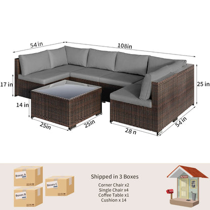 Patio Furniture Set on Sale, 7-Piece Wicker Sectional Outdoor Sofa Set with Glass Table & Water-Resistant Cushions, All-Weather PE Rattan for Backyard, Poolside, Garden (Gray)