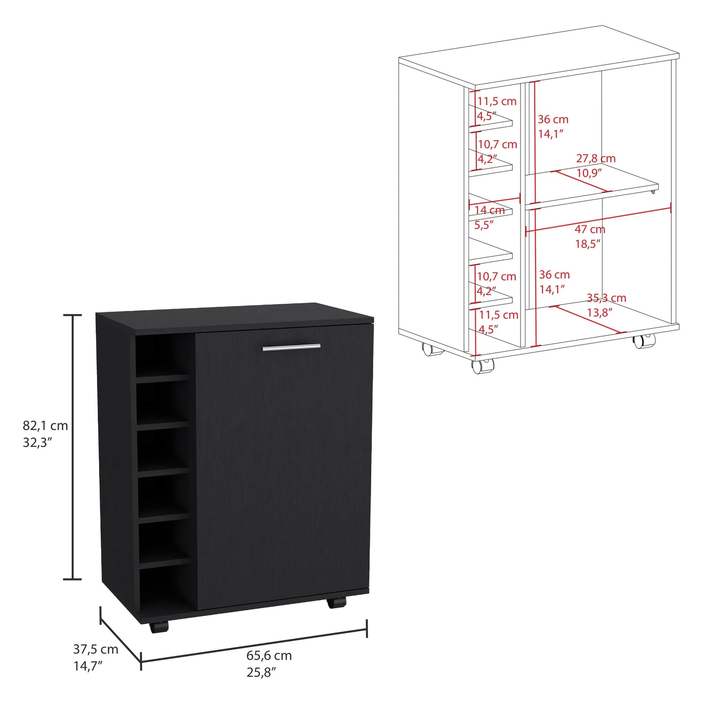 TUHOME Wick Bar Cart with Wine Rack, Glass Storage, Cabinet, and Rollers, Black
