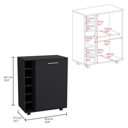 TUHOME Wick Bar Cart with Wine Rack, Glass Storage, Cabinet, and Rollers, Black