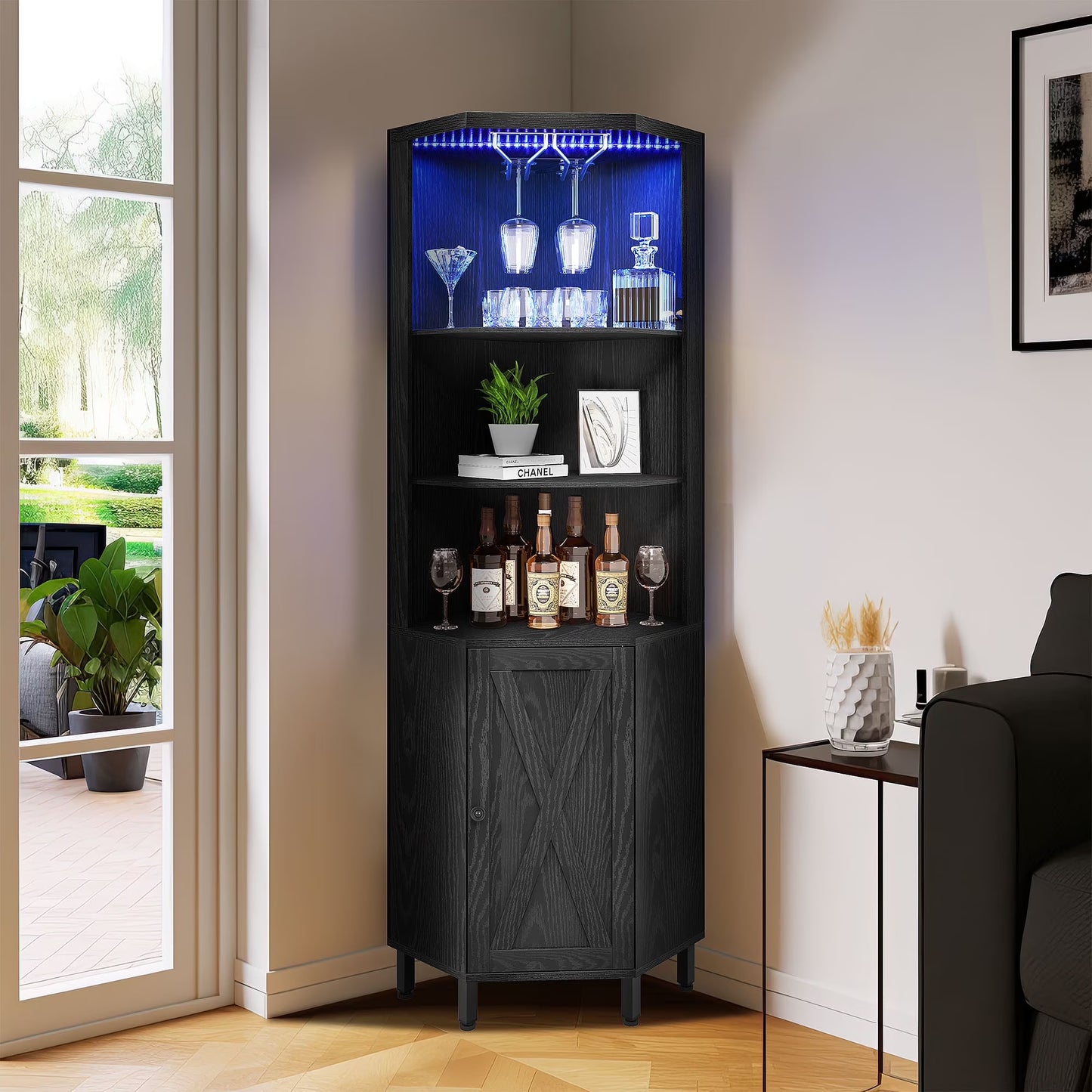 Dextrus 67" Corner Bar Cabinet with LED Lights, Wine Glass Holder & Storage Shelves, Black
