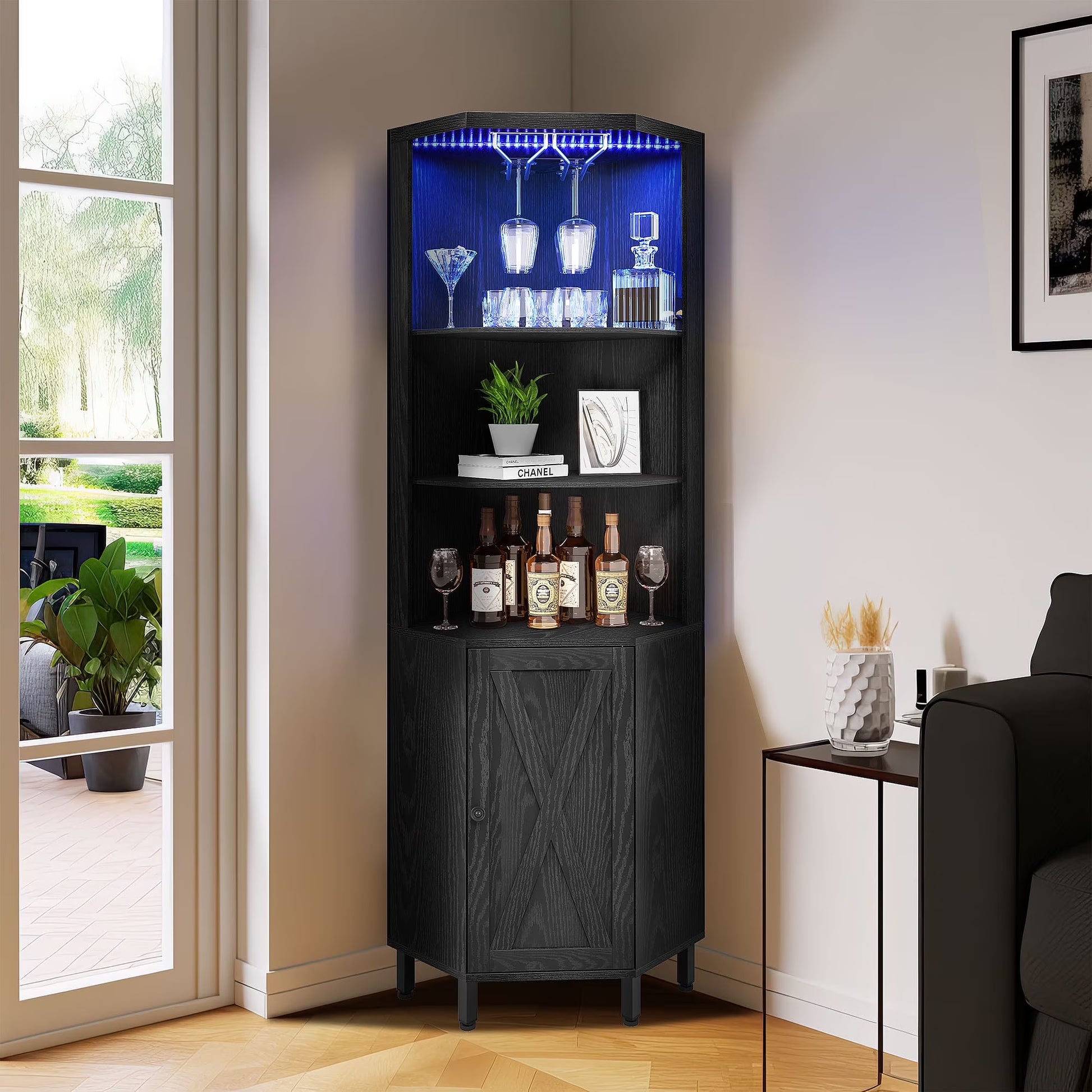 Dextrus 67" Corner Bar Cabinet with LED Lights, Wine Glass Holder & Storage Shelves, Black