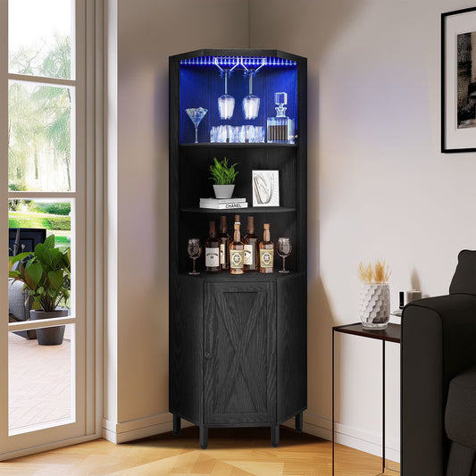 Dextrus 67" Corner Bar Cabinet with LED Lights, Wine Glass Holder & Storage Shelves, Black