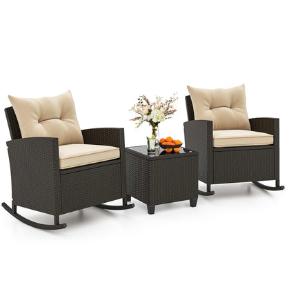 Costway 3 PCS Patio Wicker Rocking Set with Tempered Glass Table & Soft Cushions Outdoor Beige