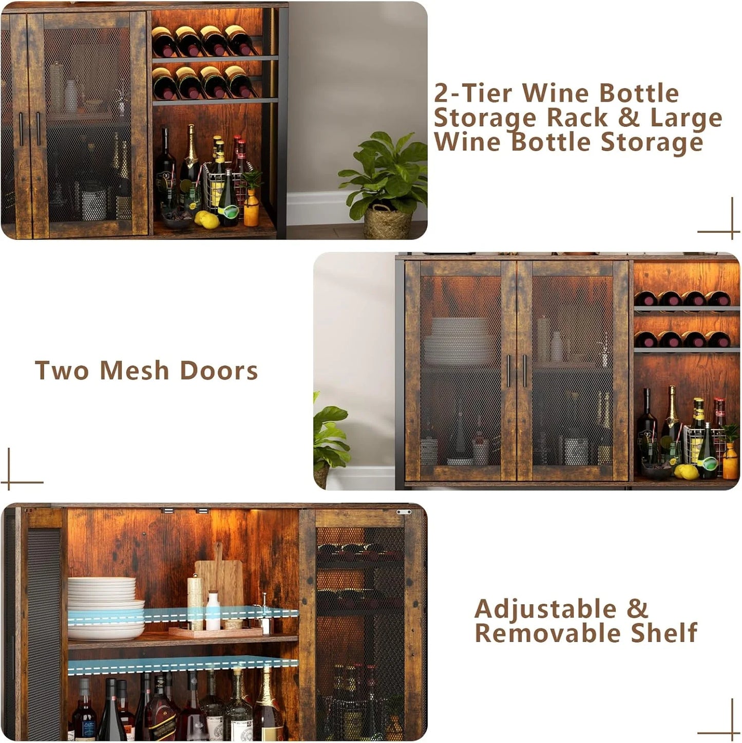 Wine Bar Cabinet with LED Lights, Rustic Brown Industrial Coffee Bar Station with Wine Rack, Glass Holder & 3 Storage Compartments, Liquor Buffet Sideboard for Kitchen & Dining Room