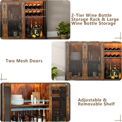 Wine Bar Cabinet with LED Lights, Rustic Brown Industrial Coffee Bar Station with Wine Rack, Glass Holder & 3 Storage Compartments, Liquor Buffet Sideboard for Kitchen & Dining Room