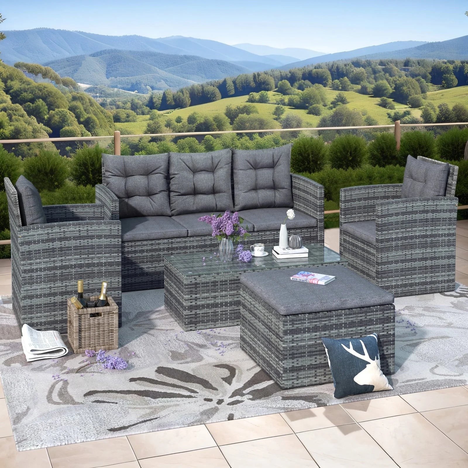 5 Piece Patio Furniture Sets, Outdoor Conversation Sets with Glass Coffee Table, Wicker Rattan Sectional Sofa Couch with Storage Bench, Ottomans & Cushions for Garden, Pool, Backyard, Gray