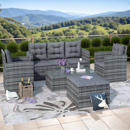 5 Piece Patio Furniture Sets, Outdoor Conversation Sets with Glass Coffee Table, Wicker Rattan Sectional Sofa Couch with Storage Bench, Ottomans & Cushions for Garden, Pool, Backyard, Gray