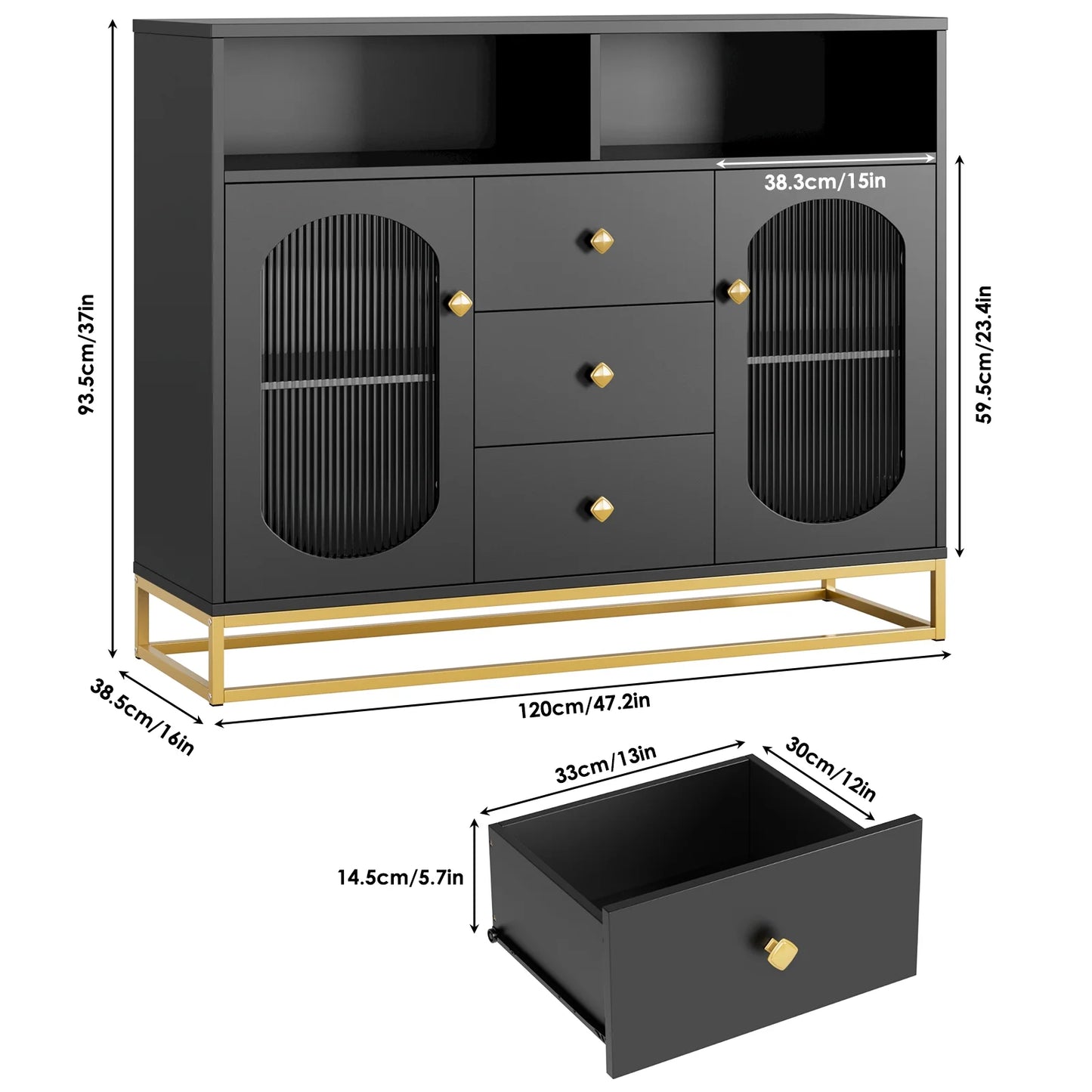 Homfa Sideboard Buffet, 3 Drawers Accent Cabinet with Open Shelf & Glass Doors, Black