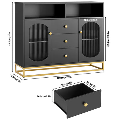 Homfa Sideboard Buffet, 3 Drawers Accent Cabinet with Open Shelf & Glass Doors, Black