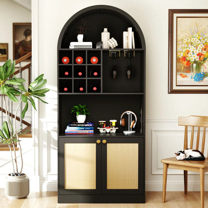 COSVALVE 71" Arched Bar Cabinet with Glass Holder, Wine Rack, Shelves, Doors, Arch Bookshelf (Black)