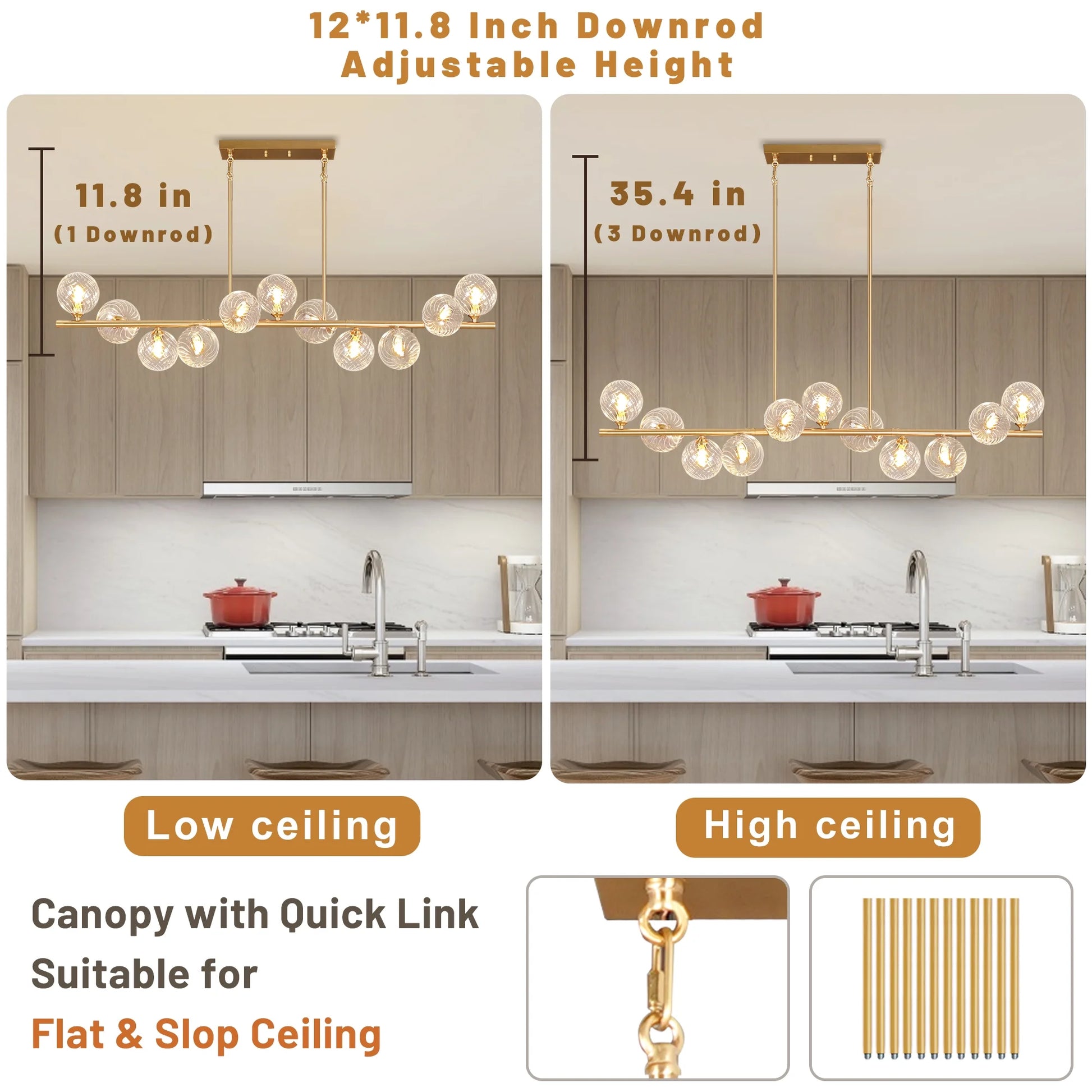 Lzawvm Dining Room Light Fixture with Swirled Glass Globe Linear Chandelier for Dining Room 11-Lights Pendant Lights Kitchen Island for Living Room Sputnik Gold 51inch