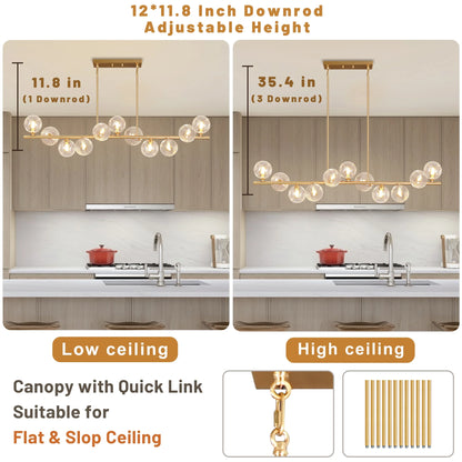 Lzawvm Dining Room Light Fixture with Swirled Glass Globe Linear Chandelier for Dining Room 11-Lights Pendant Lights Kitchen Island for Living Room Sputnik Gold 51inch