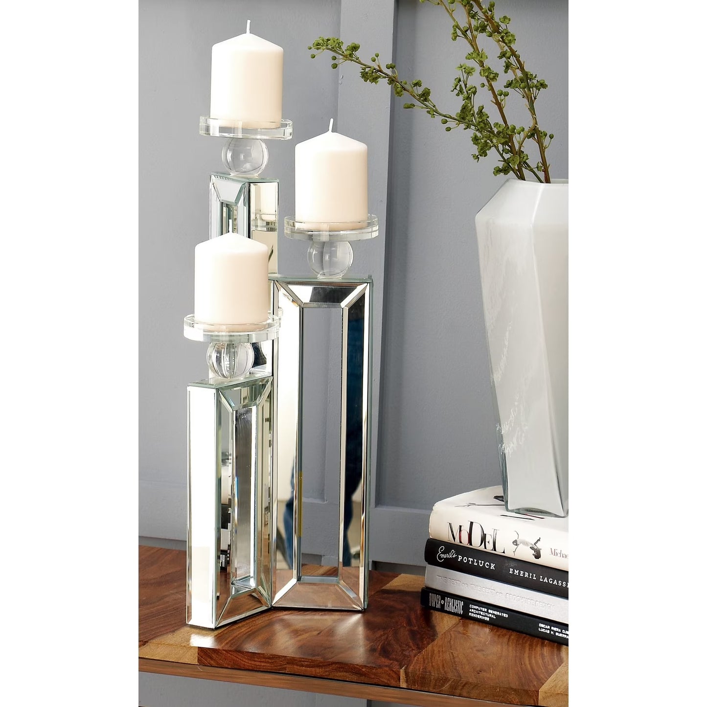 Studio 350 Silver Glass Pillar 3 Plate Candelabra with Mirrored Accents