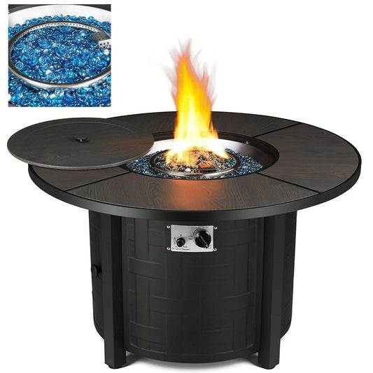 HOMFY 42" Propane Fire Pit Table 50,000 BTU Round Table Stove Patio Fireplace with Blue Glass Rocks and Rain Cover