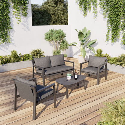 Letsout 4-Piece Aluminum Outdoor Conversation Sets with Detachable Cushions and Tempered Glass Table, Dark Grey/Gray