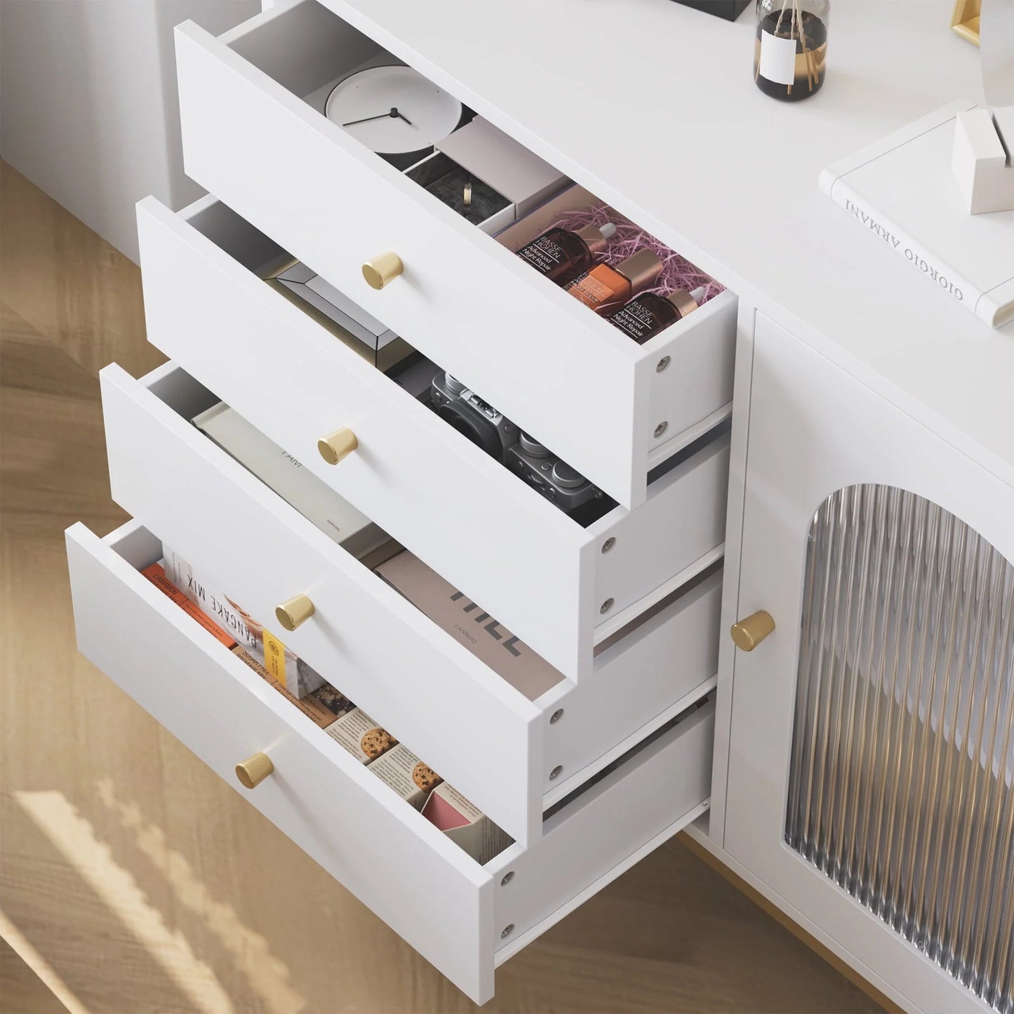 Homfa 4 Drawer Storage Cabinet, Modern Wooden Cupboard with Frosted Glass for Living Room, White Finish