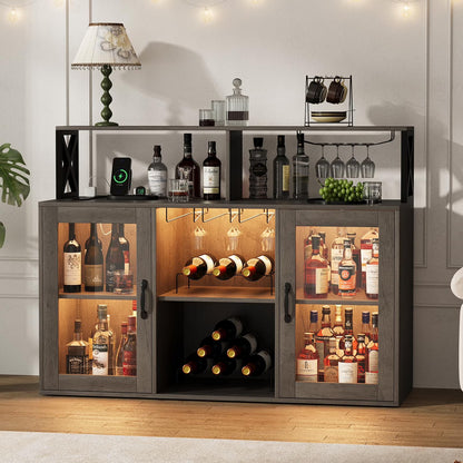 Bar Cabinet with Storage Shelves, Coffee Bar Cabinet with LED Lights, Liquor Cabinet with Wine Rack and Glass Goblet Holder, Kitchen Sideboard Buffet Cabinet for Home, Kitchen, Dining Room