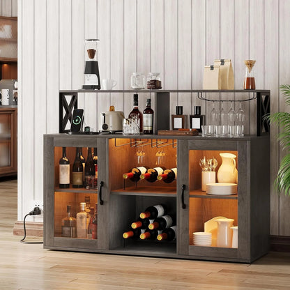 Luku Bar/Liquor Cabinet with Power Outlets Led Lights and Glass Holder, for Home, Kitchen, Gray