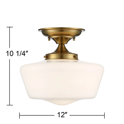 Regency Hill Rustic Farmhouse Ceiling Light Semi Flush Mount Fixture 12" Wide Soft Gold Opal White Glass for Bedroom Kitchen Living Room Hallway House