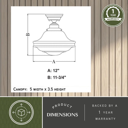 Huntley 12-in W Satin Nickel Farmhouse Schoolhouse Semi Flush Mount Ceiling Light White Glass