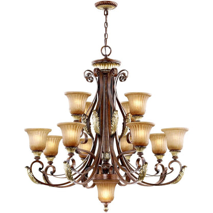 13 Light Verona Bronze Chandelier with Rustic Art Glass Shade
