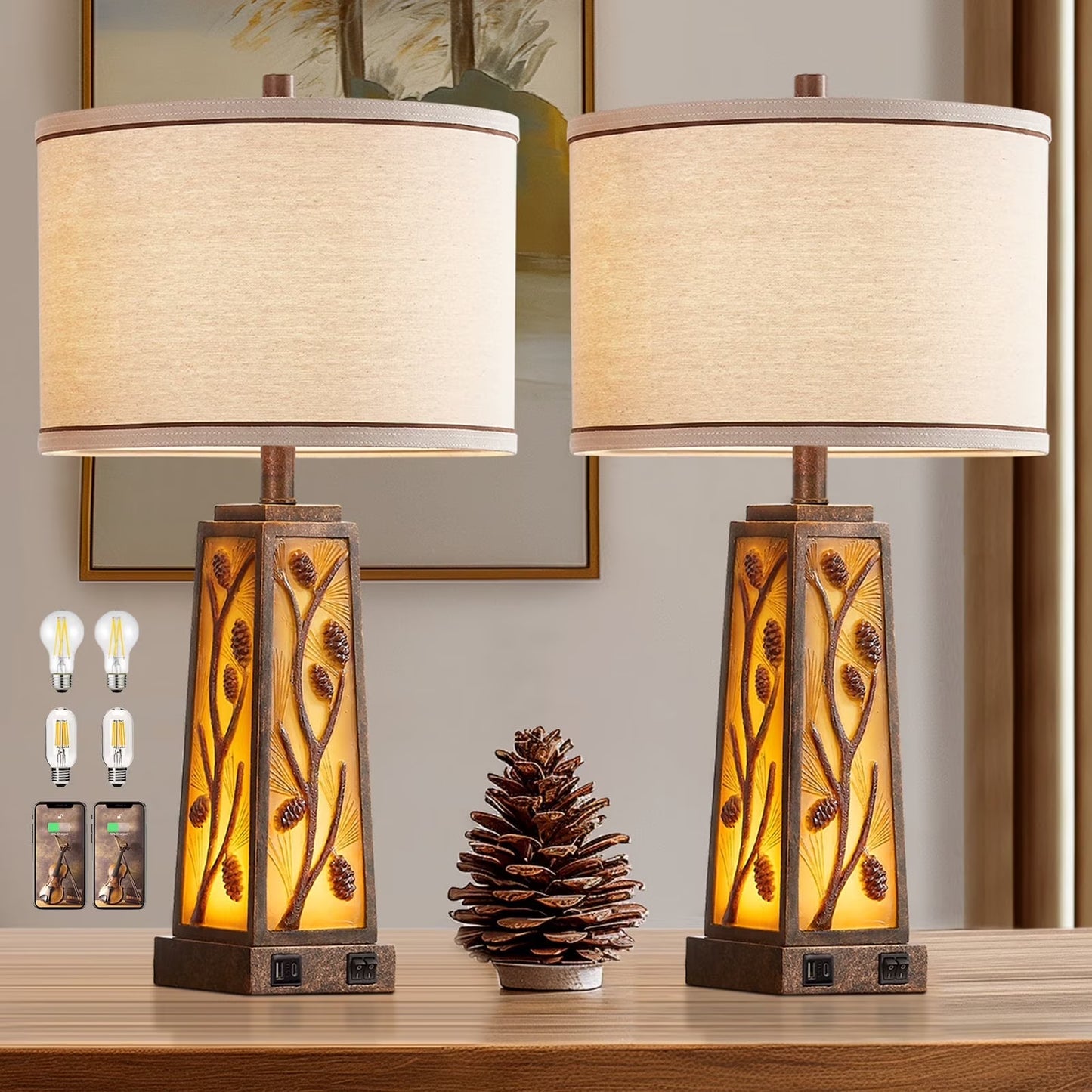 RORIA 24° F Modern Living Room Table Lamp 2-Piece Set with 2 USB Charging Ports, Built-in White Frosted Glass with Night Light, Black Vintage Rustic Farmhouse Lamp for Bedroom Nightstand Lamps