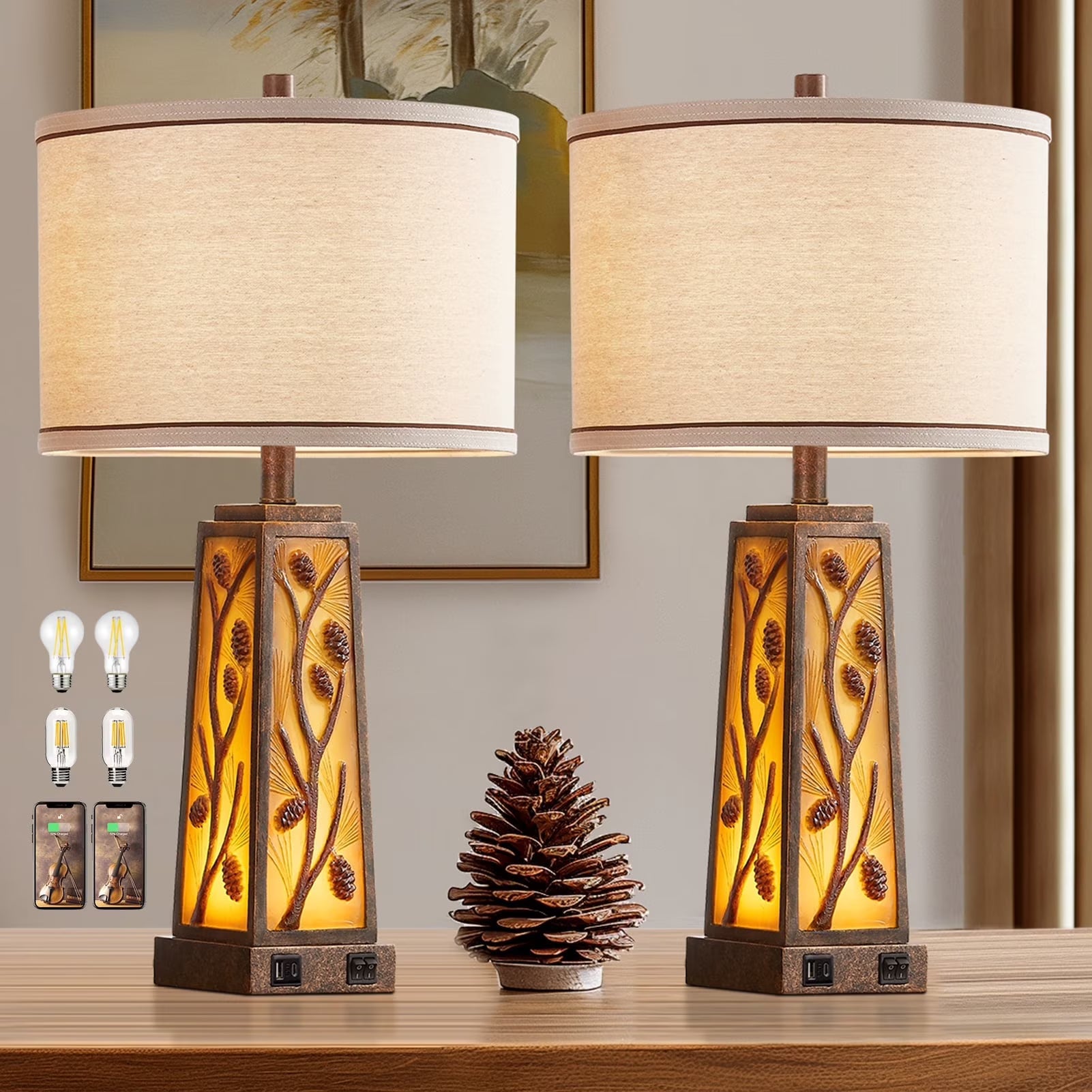 RORIA 24° F Modern Living Room Table Lamp 2-Piece Set with 2 USB Charging Ports, Built-in White Frosted Glass with Night Light, Black Vintage Rustic Farmhouse Lamp for Bedroom Nightstand Lamps