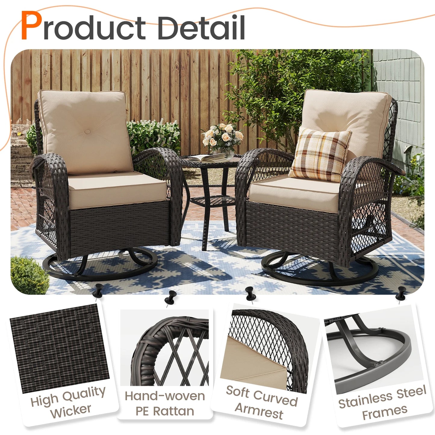 MRUAKA 3 Pieces Patio Furniture Set, Outdoor Swivel Gliders Rocker, Wicker Patio Bistro Set with Rattan Rocking Chair, Glass Top Side Table and Thickened Cushions (Khaki)