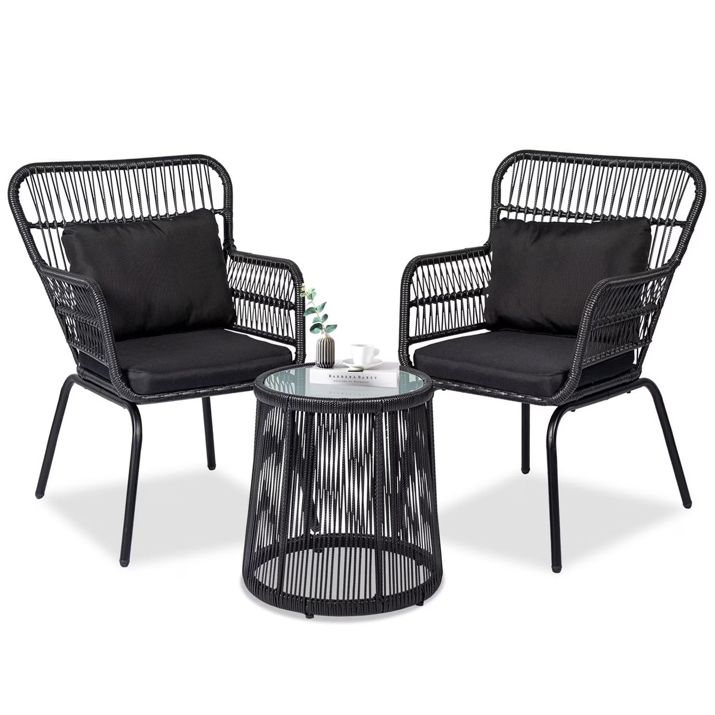 Tappio 3-Piece Patio Conversation Bistro Set Rattan Furniture, Outdoor Patio Set w/Glass Top Table & Cushions for Garden Balcony Backyard Poolside, Yellow/Beige
