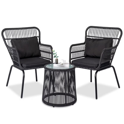 Tappio 3-Piece Patio Conversation Bistro Set Rattan Furniture, Outdoor Patio Set w/Glass Top Table & Cushions for Garden Balcony Backyard Poolside, Yellow/Beige