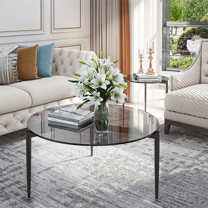 Wisfor Round Tempered Glass Table Coffee Table Steel Novelty Legs for Bedroom Living Room, Gray