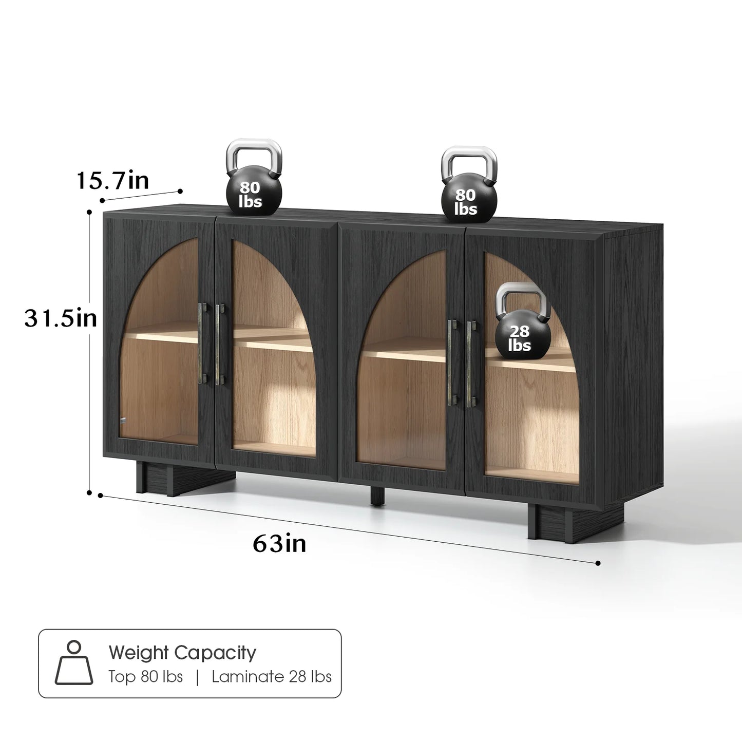 JOINICE Modern Accent Cabinet with Adjustable Shelves and Arched Glass Door,Buffet Cabinet with Storage,for Living Room,Dining Room,Entryway,Hallway,Black