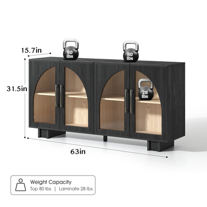 JOINICE Modern Accent Cabinet with Adjustable Shelves and Arched Glass Door,Buffet Cabinet with Storage,for Living Room,Dining Room,Entryway,Hallway,Black
