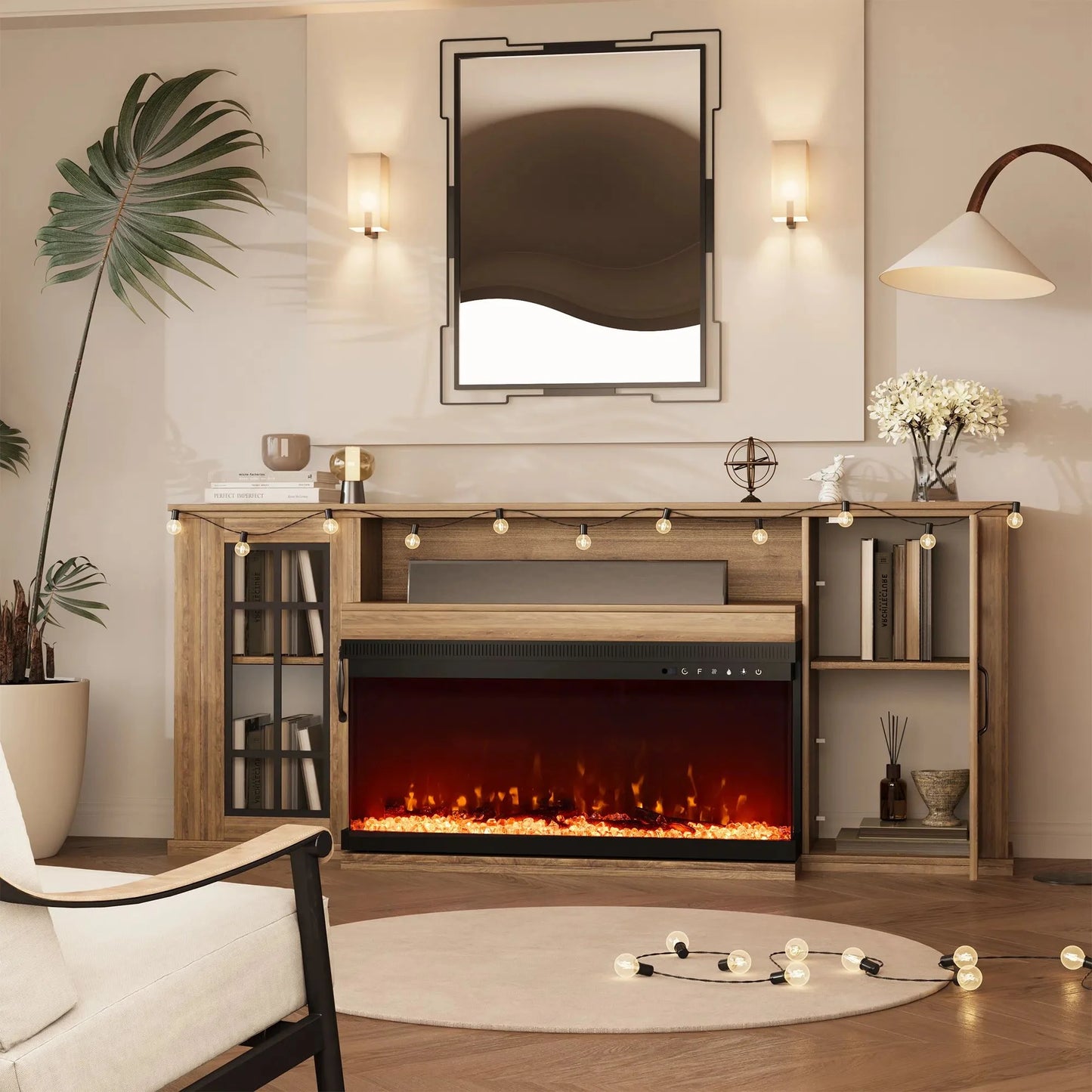 MELLCOM 70" 3 Sided Glass Fireplace TV Stand, Modern Media Console with Storage Side Cabinet, Fits TVs up to 80", Electric Fireplace TV StandWalnut Color