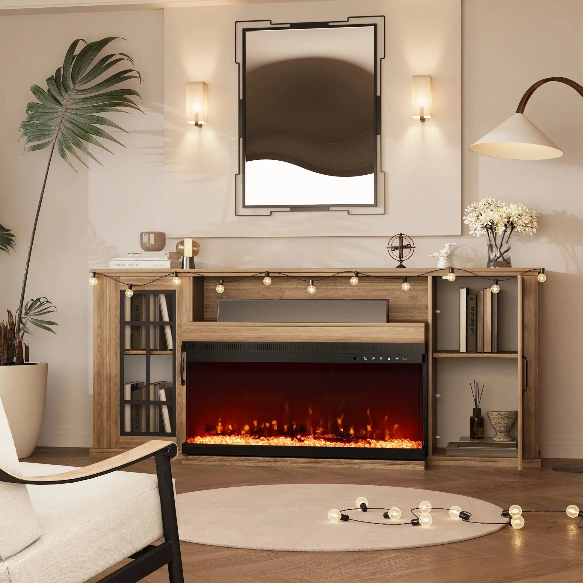 MELLCOM 70" 3 Sided Glass Fireplace TV Stand, Modern Media Console with Storage Side Cabinet, Fits TVs up to 80", Electric Fireplace TV StandWalnut Color