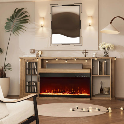 MELLCOM 70" 3 Sided Glass Fireplace TV Stand, Modern Media Console with Storage Side Cabinet, Fits TVs up to 80", Electric Fireplace TV StandWalnut Color