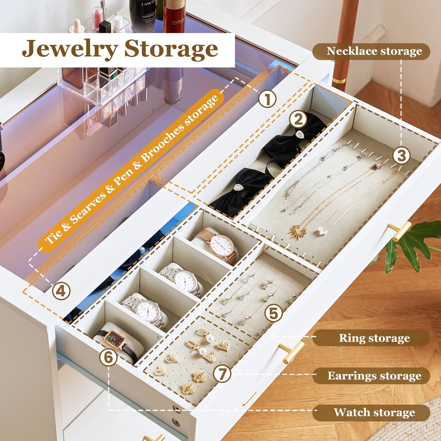 JanflyHome Drawer Dresser with LED Lights, Glass Top, Dresser with 5 Drawers Modern Storage Cabinet for Adult