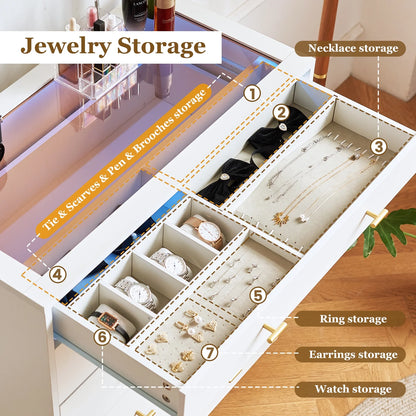 JanflyHome Drawer Dresser with LED Lights, Glass Top, Dresser with 5 Drawers Modern Storage Cabinet for Adult