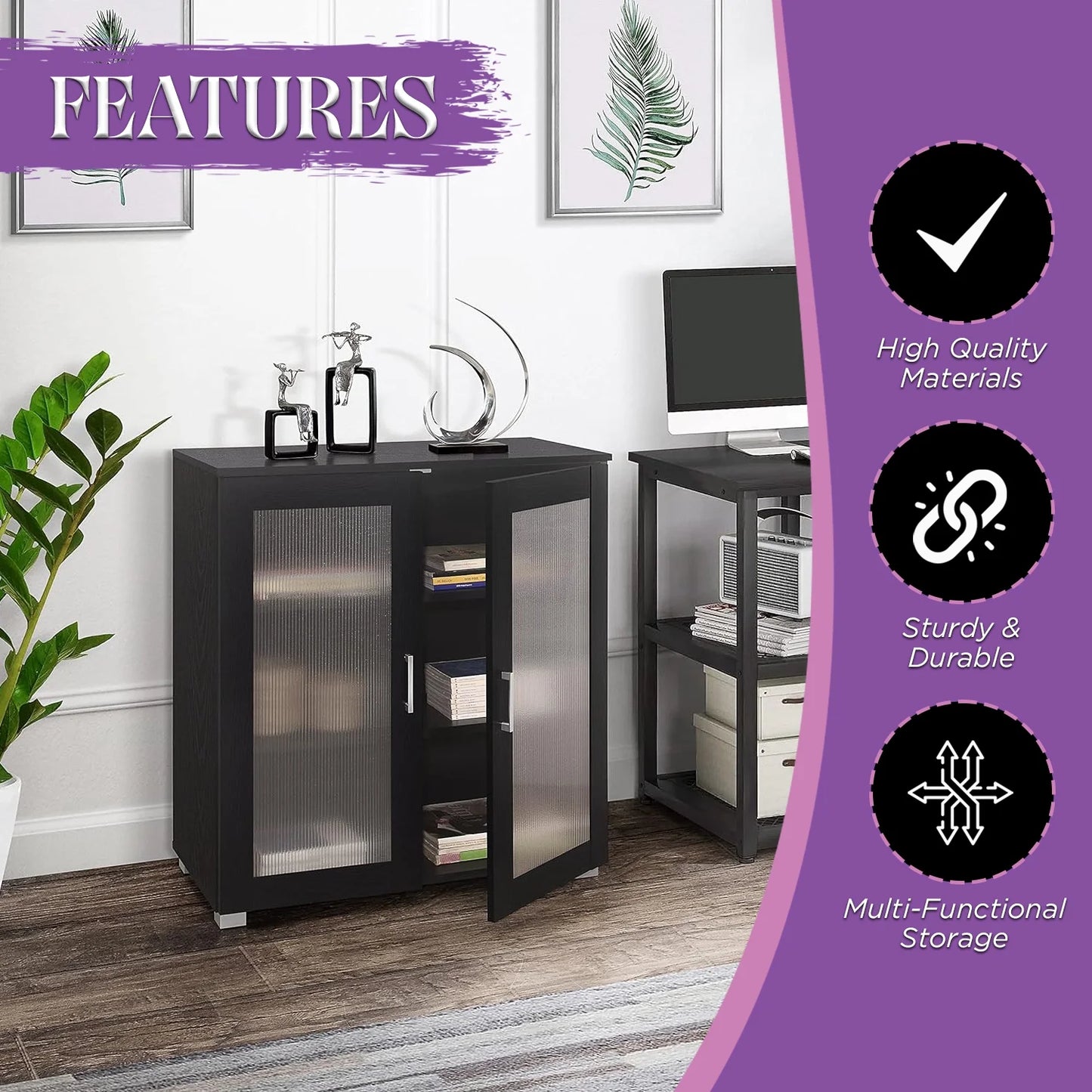 Kings Brand Furniture Wood Curio Accent Cabinet with 2 Frosted Glass Doors, 3 Inner Shelves, White