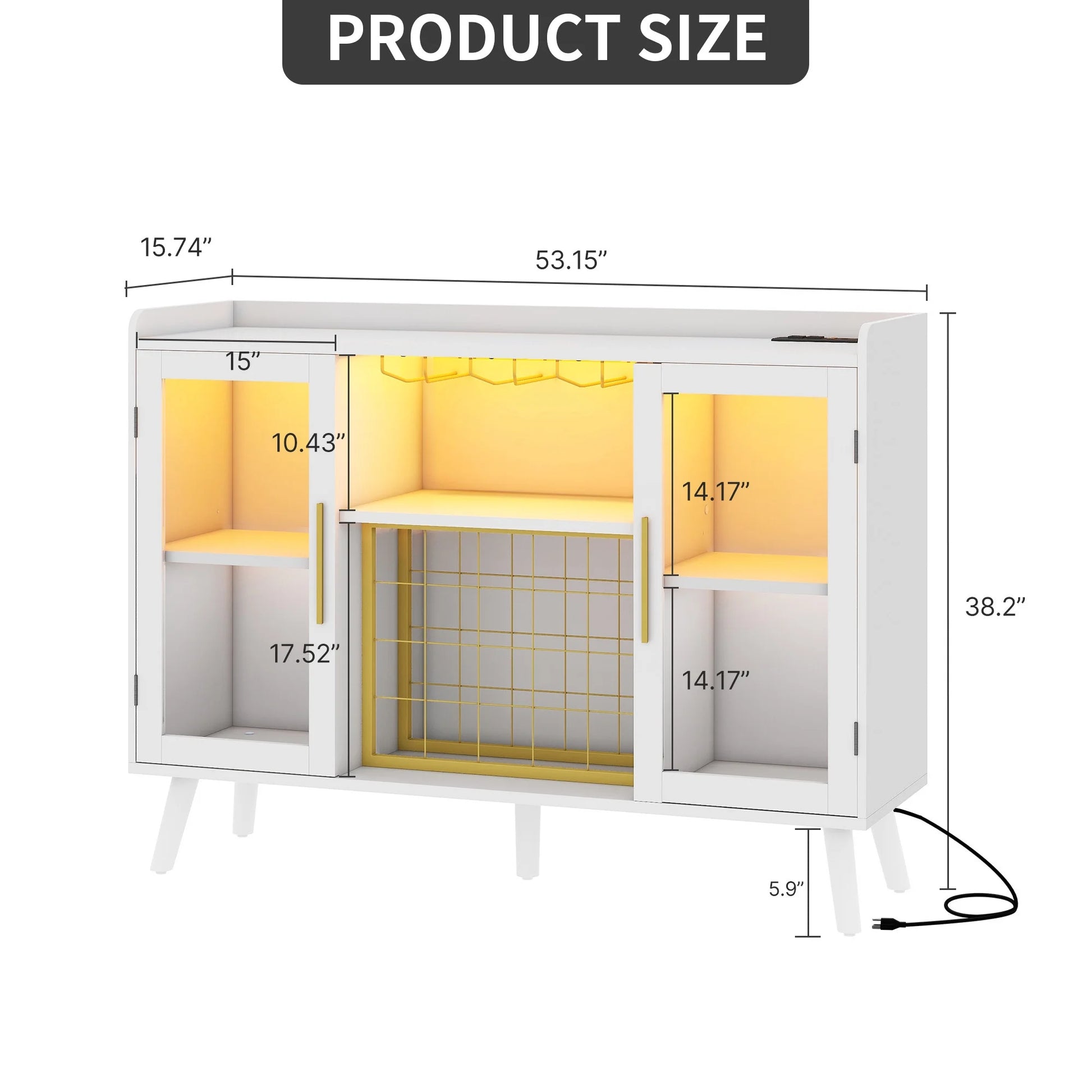 DEXTRUS Wine Bar Cabinet with Power Outlet & LED Light, Cabinet with Wine Rack & Glass Holder, White