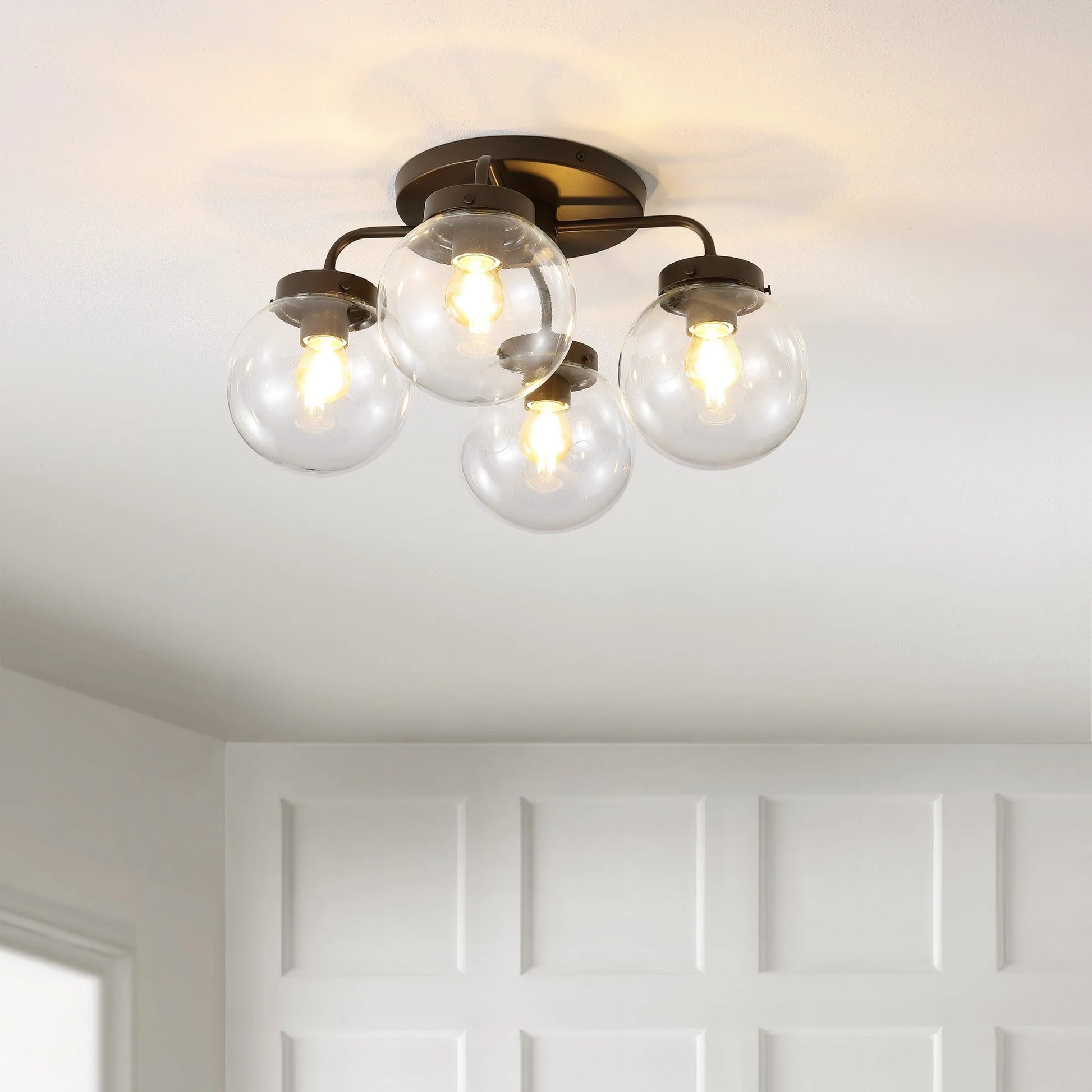 JONATHAN Y Piper 18" 4-Light Farmhouse Rustic Iron/Glass LED Semi Flush Mount, Oil Rubbed Bronze/Clear