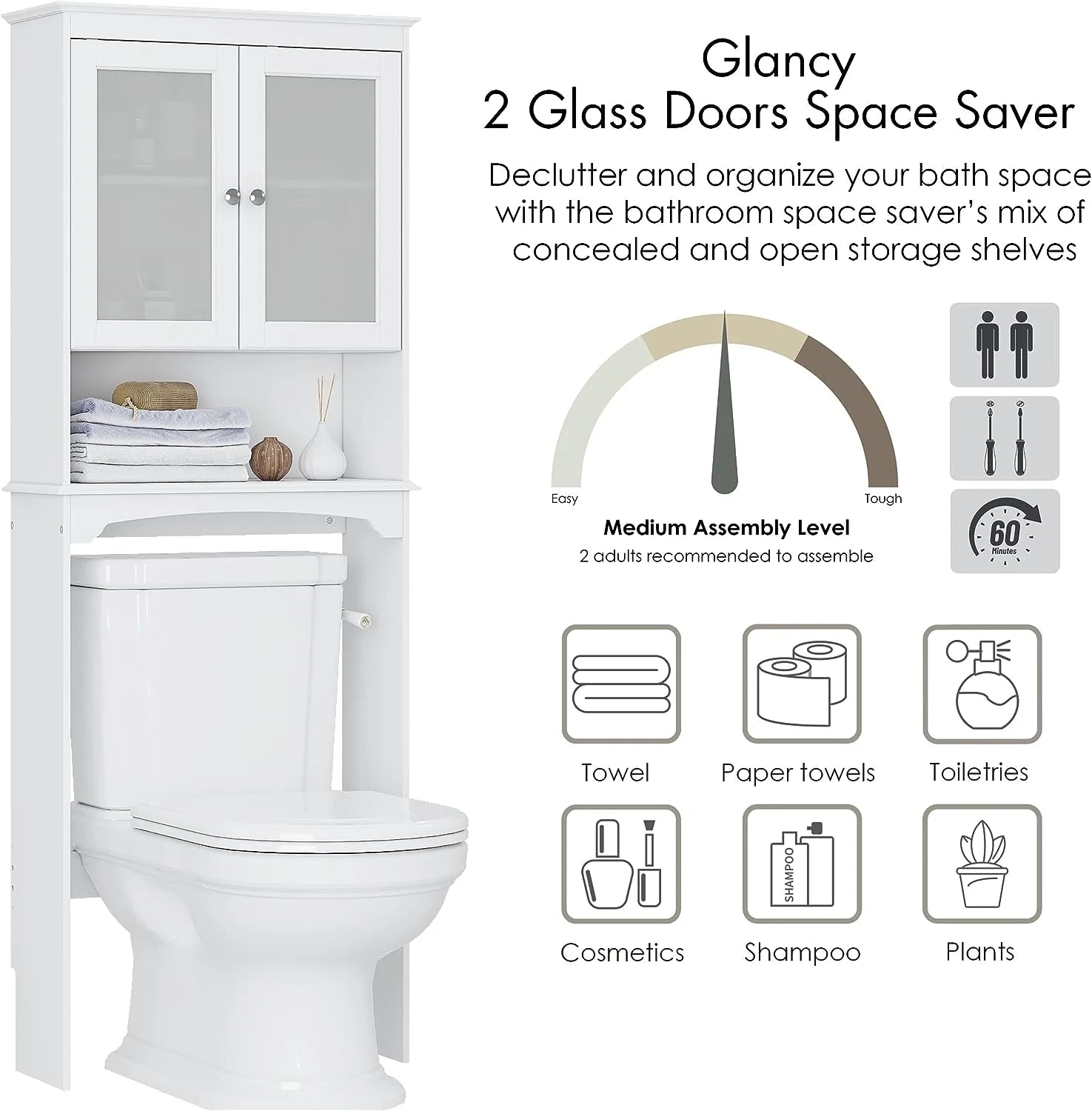 Spirich Over The Toilet Cabinet for Bathroom Storage, Above Toilet Storage Cabinet with Glass Doors, Over Toilet Storage Shelf Organizer, White