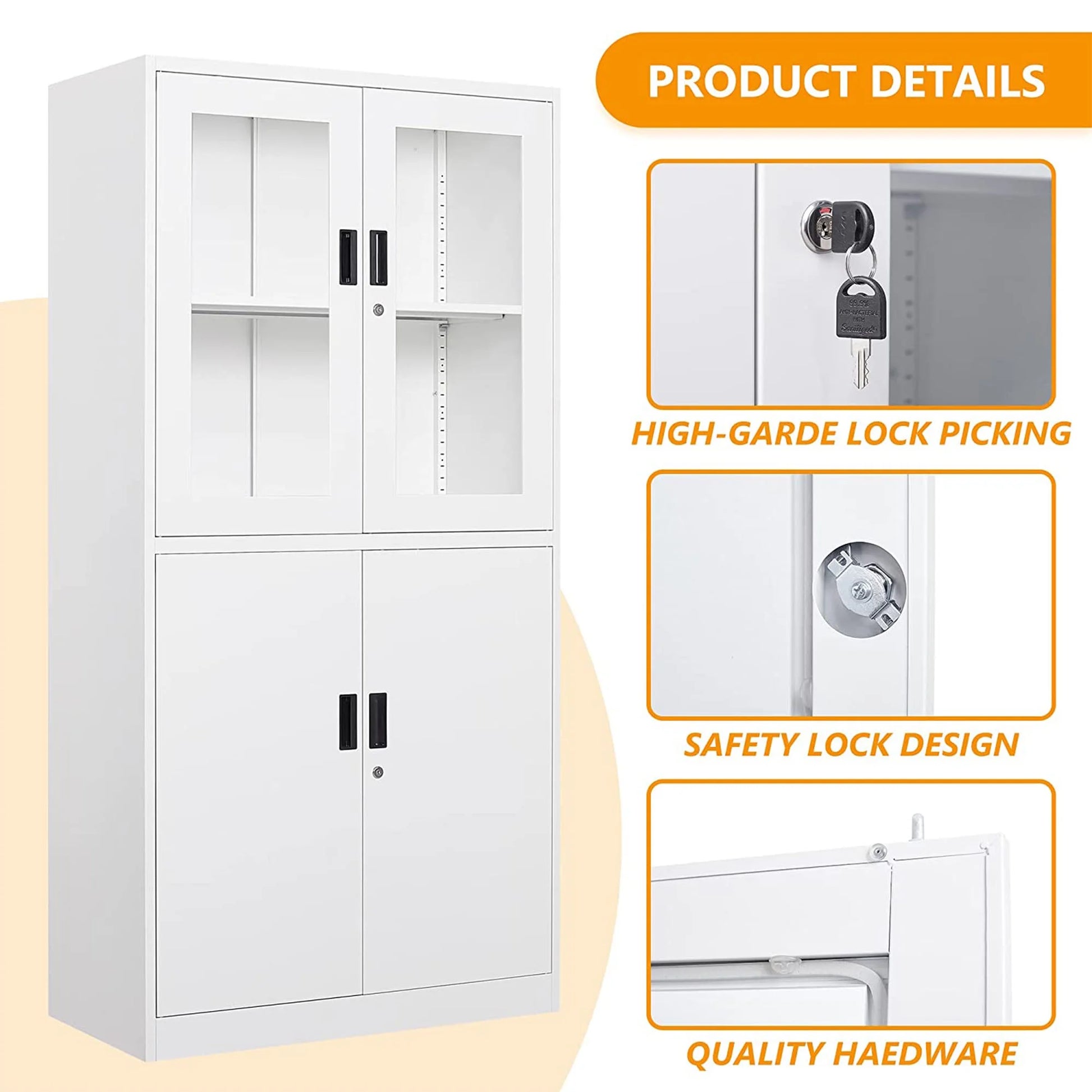 STANI Metal Cabinet with Lock, Tall Office Storage Cabinet with Glass Door, Lockable Black Steel Cabinet with 2 Adjustable Shelves for Home, Clinic, Pantry, Basement
