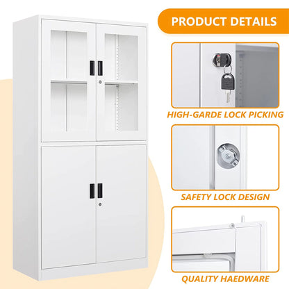 STANI Metal Cabinet with Lock, Tall Office Storage Cabinet with Glass Door, Lockable Black Steel Cabinet with 2 Adjustable Shelves for Home, Clinic, Pantry, Basement