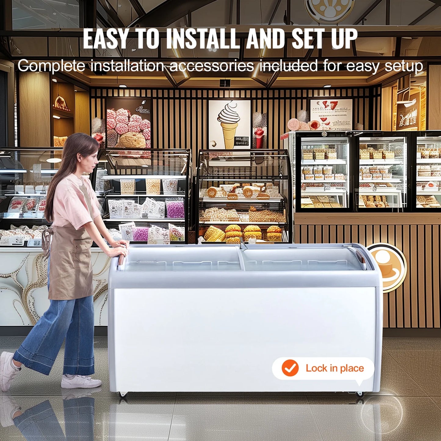 KFFKFF Professional Ice Cream Showcase, 16.3 Cubic Feet Storage Freezer, Portable Transparent Lid Deep Freezer, Dining Establishment Sorbet Serving Cabinet,5 Metal Baskets, Dual Slide Glass Doors