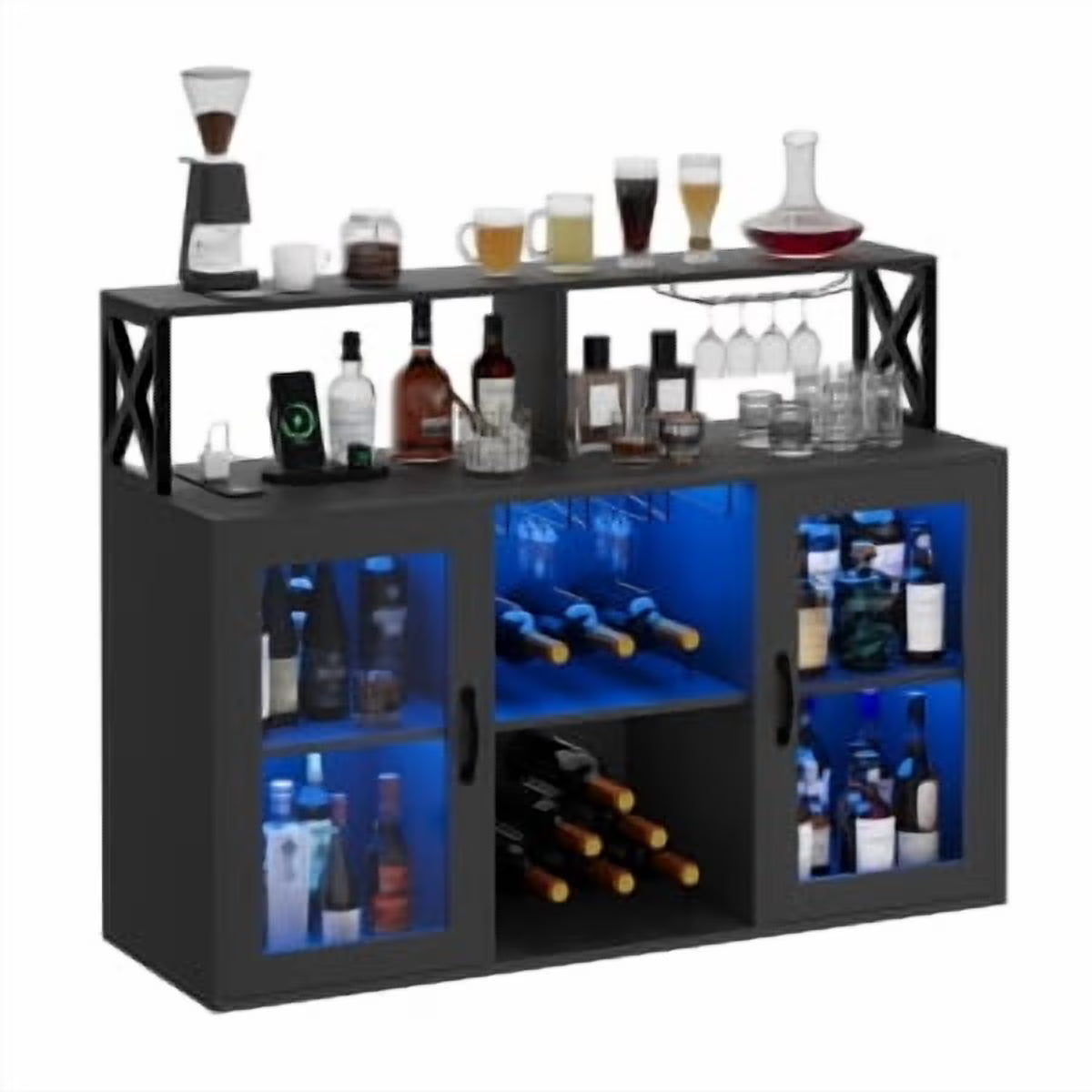 Historyli Wine Cabinet with LED Light,Bar Cabinet with Wine Rack,Glass Holder,and Power Outlets,for Living Room Office,Black