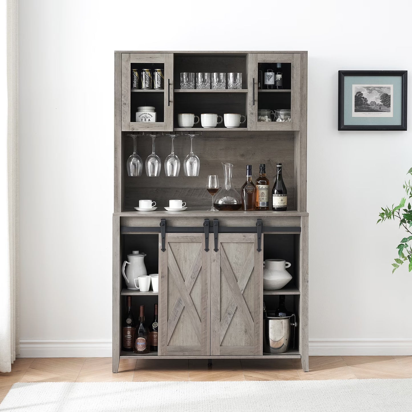 Farmhouse Bar Cabinet with Storage, Kitchen Buffet Cabinet with Sliding Barn Door and 3 Drawers, Coffee Bar with Wine and Glass Rack for Kitchen, Dining Room, White