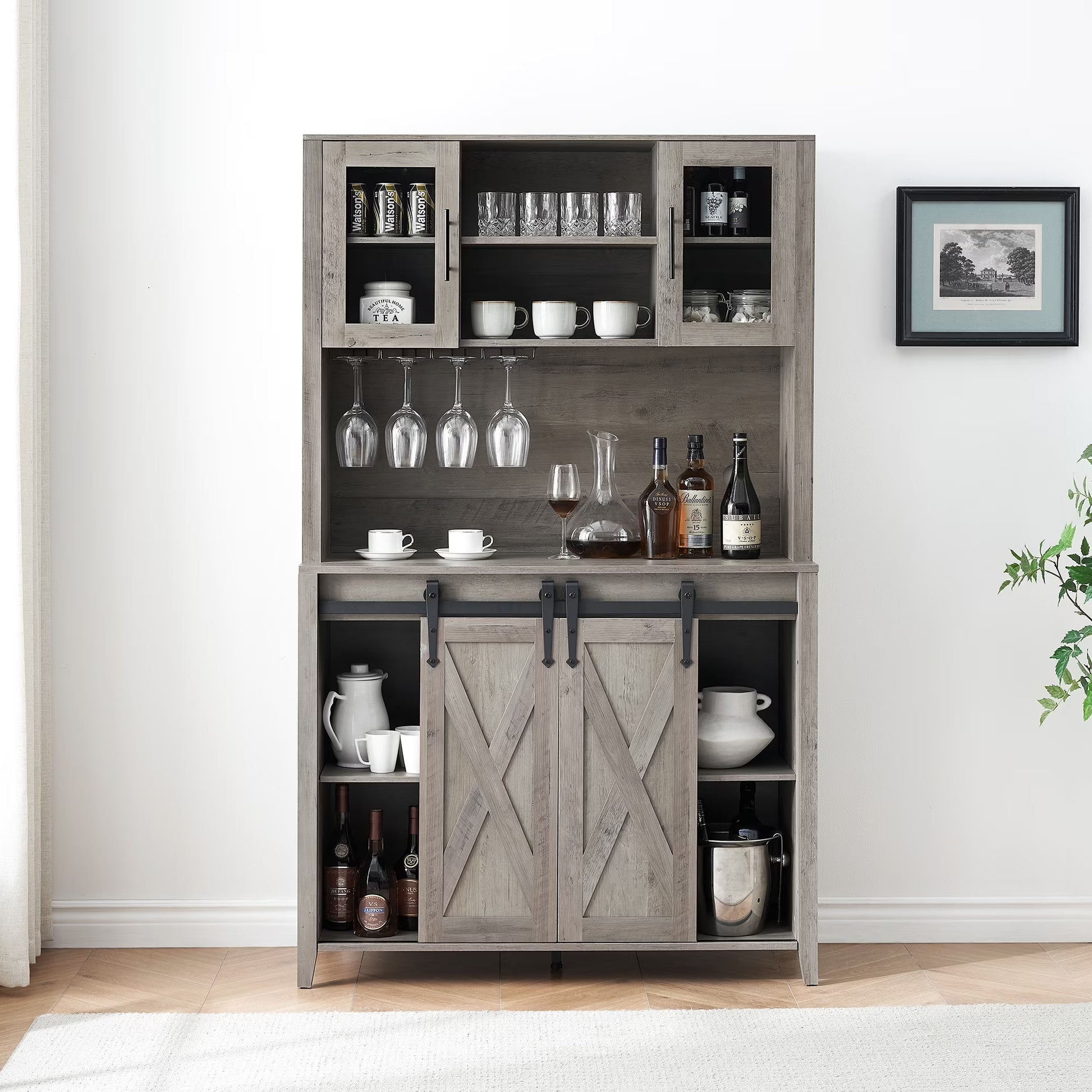 Farmhouse Bar Cabinet with Storage, Kitchen Buffet Cabinet with Sliding Barn Door and 3 Drawers, Coffee Bar with Wine and Glass Rack for Kitchen, Dining Room, White