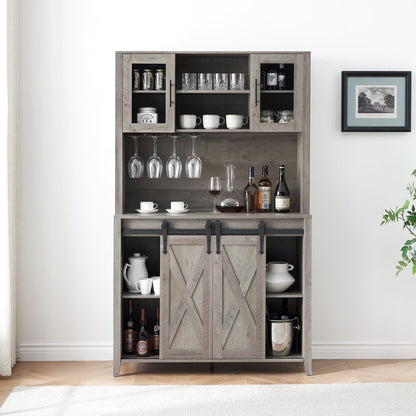 Farmhouse Bar Cabinet with Storage, Kitchen Buffet Cabinet with Sliding Barn Door and 3 Drawers, Coffee Bar with Wine and Glass Rack for Kitchen, Dining Room, White